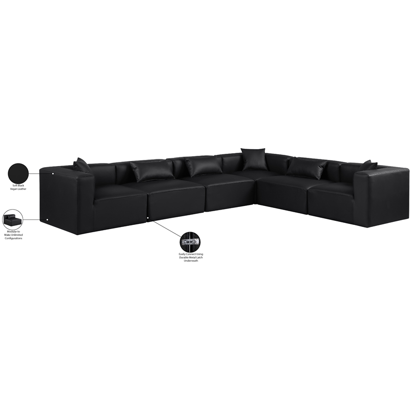 Meridian Furniture Cube Black Vegan Leather 6-Pc. L-Shaped Modular Sectional