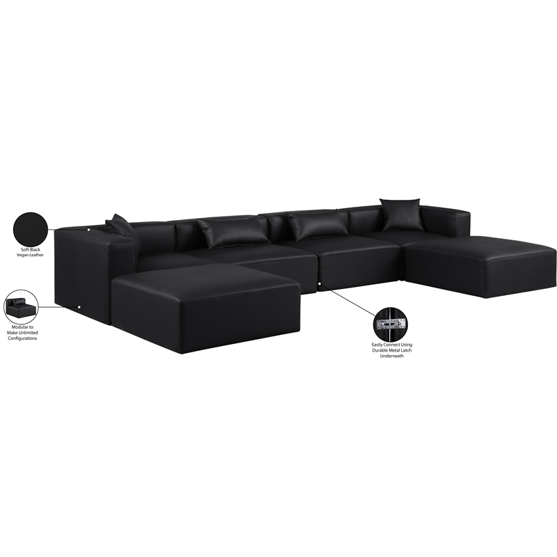 Meridian Furniture Cube Black Vegan Leather 6-Pc. U-Shaped Modular Sectional