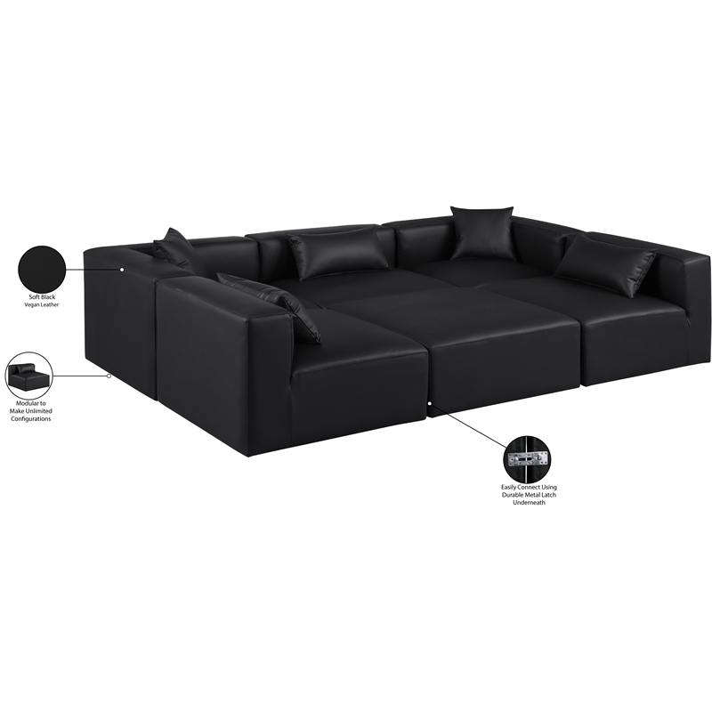Meridian Furniture Cube Black Vegan Leather 6-Pc. U-Shaped Modular Sectional