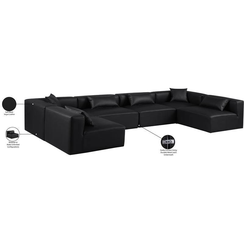 Meridian Furniture Cube Black Vegan Leather 6-Pc. U-Shaped Modular Sectional