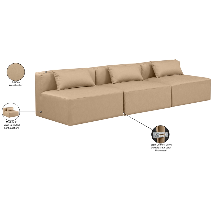 meridian furniture cube tan vegan leather 3-pc. modular sofa