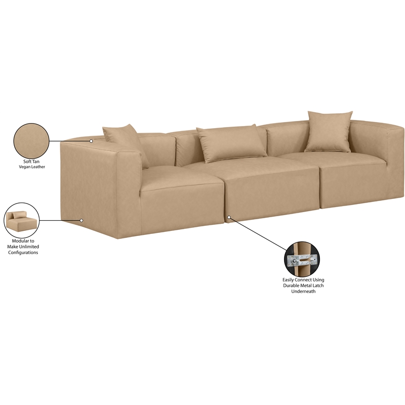 Meridian Furniture Cube Tan Vegan Leather 3-Pc. Modular Sofa