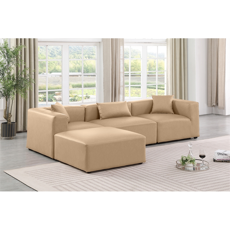 Meridian Furniture Cube Tan Vegan Leather 4-Pc. L-Shaped Modular Sectional