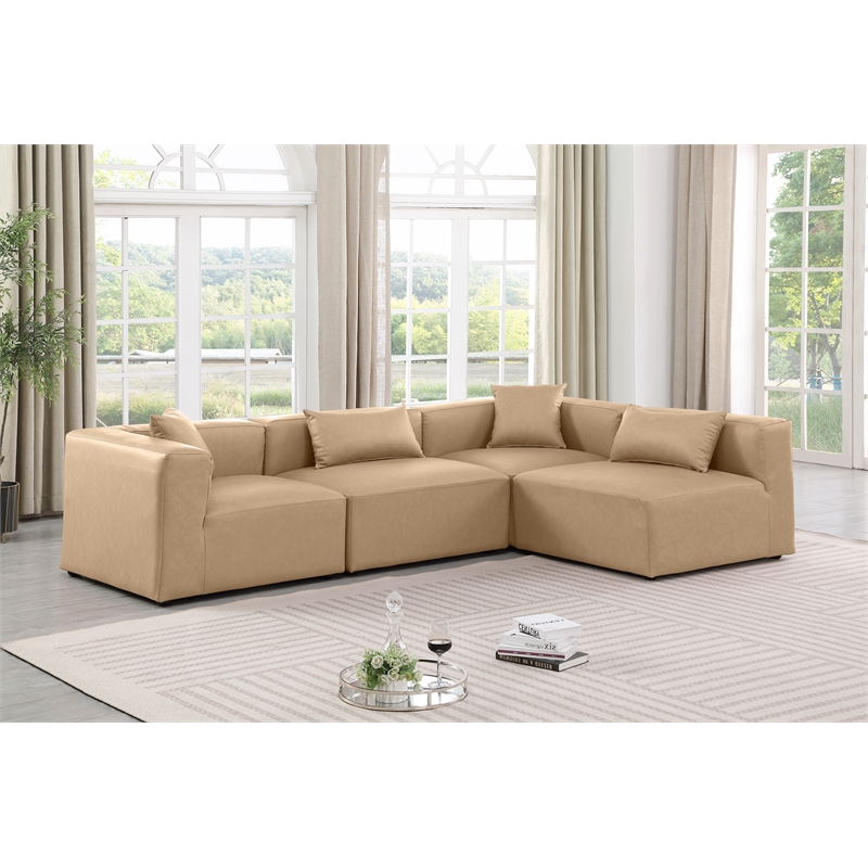 Meridian Furniture Cube Tan Vegan Leather 4-Pc. L-Shaped Modular Sectional