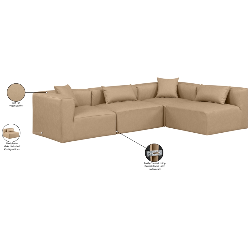 Meridian Furniture Cube Tan Vegan Leather 4-Pc. L-Shaped Modular Sectional