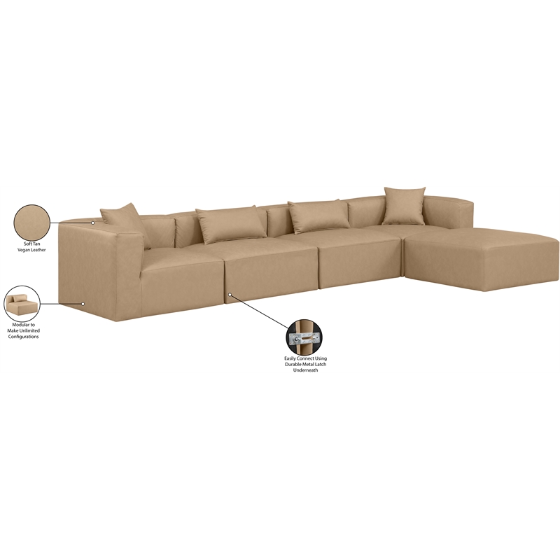 Meridian Furniture Cube Tan Vegan Leather 5-Pc. L-Shaped Modular Sectional