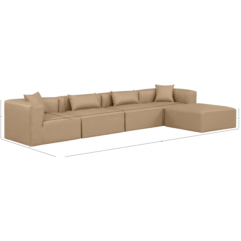 Meridian Furniture Cube Tan Vegan Leather 5-Pc. L-Shaped Modular Sectional