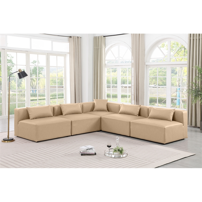 Meridian Furniture Cube Tan Vegan Leather 5-Pc. L-Shaped Modular Sectional