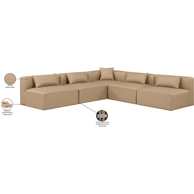 Meridian Furniture Cube Tan Vegan Leather 5-Pc. L-Shaped Modular Sectional