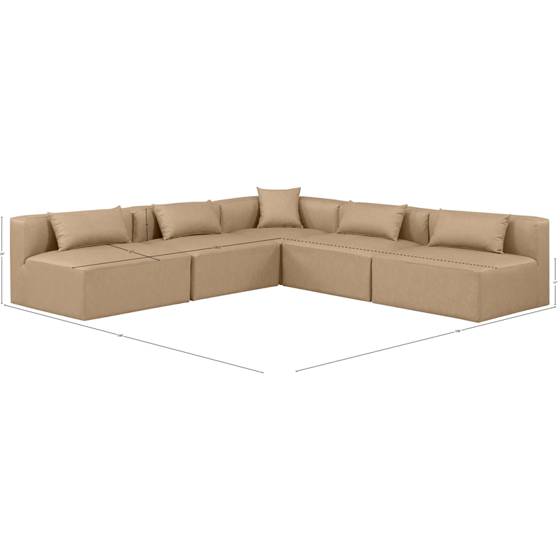 Meridian Furniture Cube Tan Vegan Leather 5-Pc. L-Shaped Modular Sectional