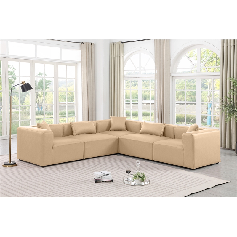 Meridian Furniture Cube Tan Vegan Leather 5-Pc. L-Shaped Modular Sectional