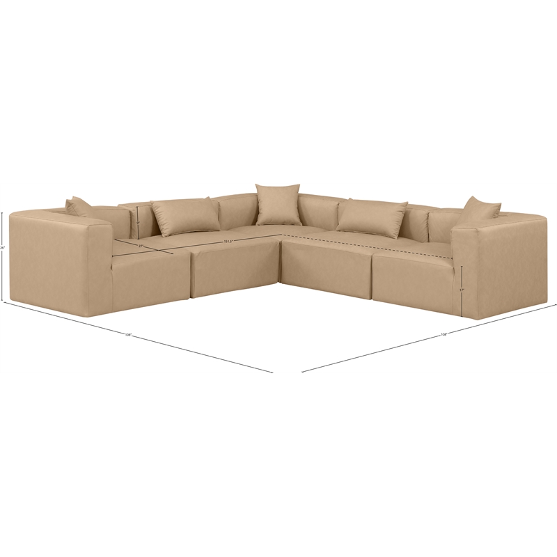 Meridian Furniture Cube Tan Vegan Leather 5-Pc. L-Shaped Modular Sectional
