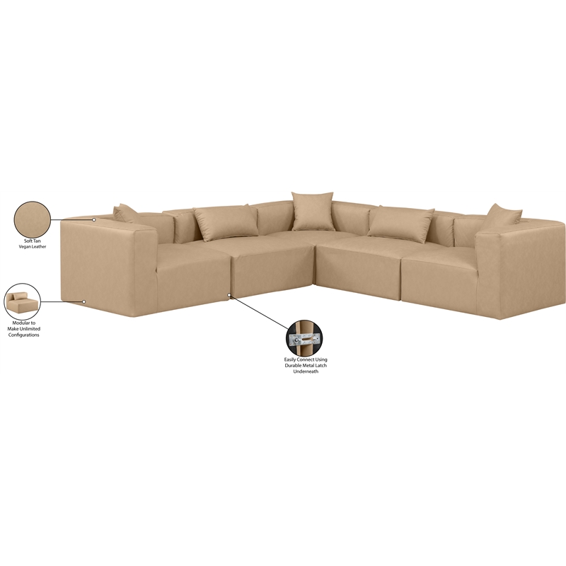 Meridian Furniture Cube Tan Vegan Leather 5-Pc. L-Shaped Modular Sectional