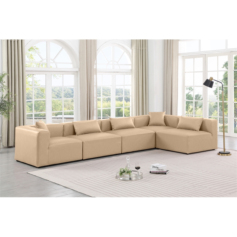 Meridian Furniture Cube Tan Vegan Leather 5-Pc. L-Shaped Modular Sectional