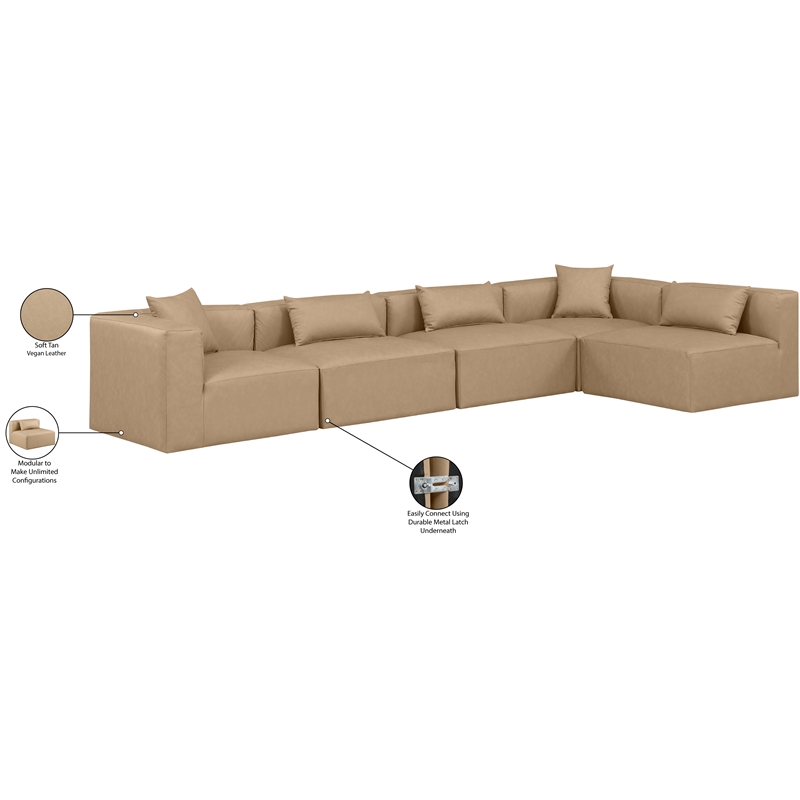 Meridian Furniture Cube Tan Vegan Leather 5-Pc. L-Shaped Modular Sectional
