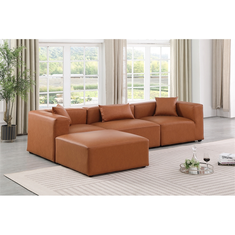 Meridian Furniture Cube Cognac Vegan Leather 4-Pc. L-Shaped Modular Sectional