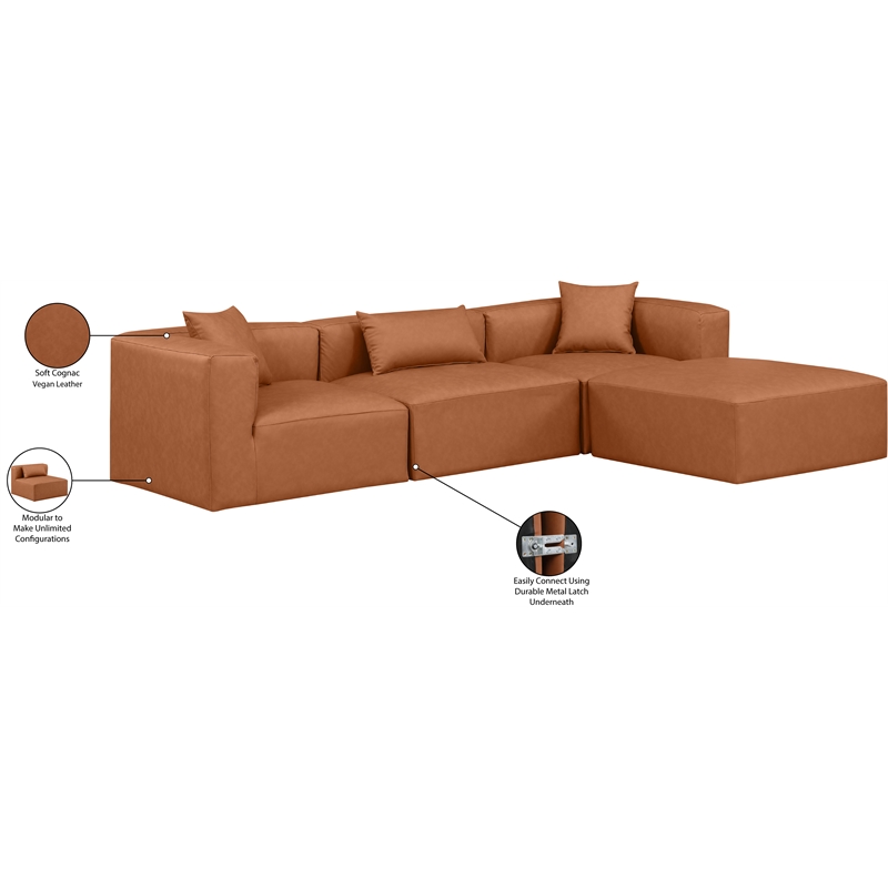 Meridian Furniture Cube Cognac Vegan Leather 4-Pc. L-Shaped Modular Sectional