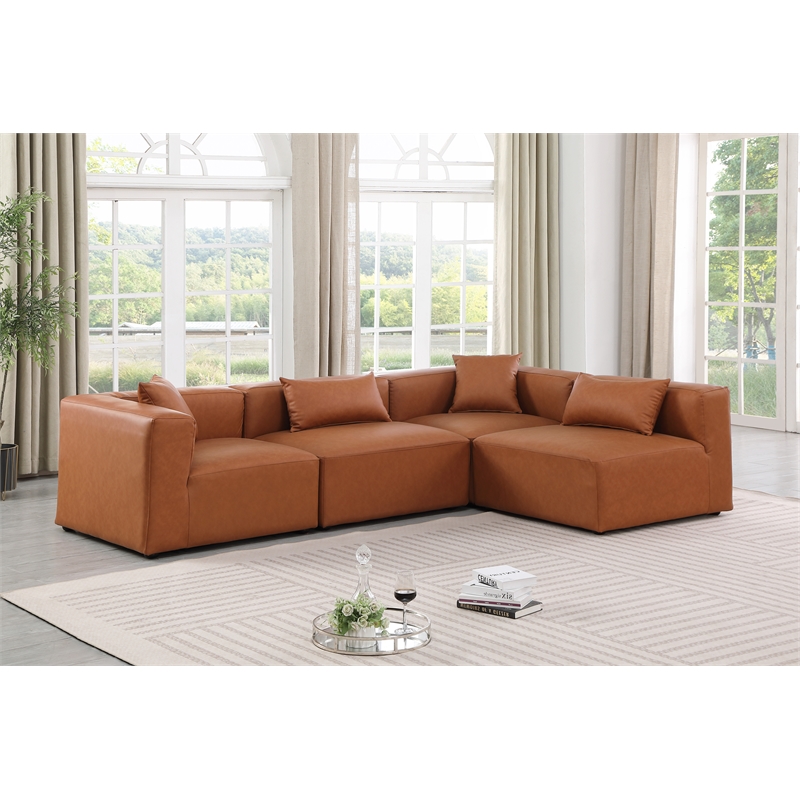 Meridian Furniture Cube Cognac Vegan Leather 4-Pc. L-Shaped Modular Sectional