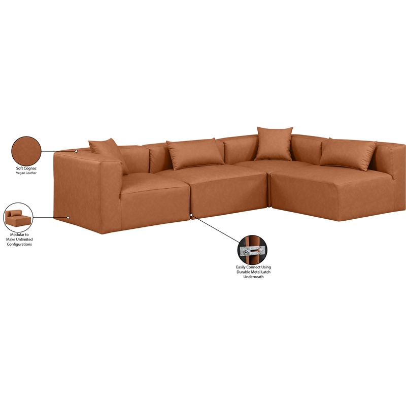 Meridian Furniture Cube Cognac Vegan Leather 4-Pc. L-Shaped Modular Sectional