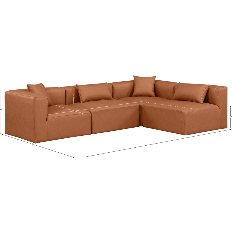 Meridian Furniture Cube Cognac Vegan Leather 4-Pc. L-Shaped Modular Sectional