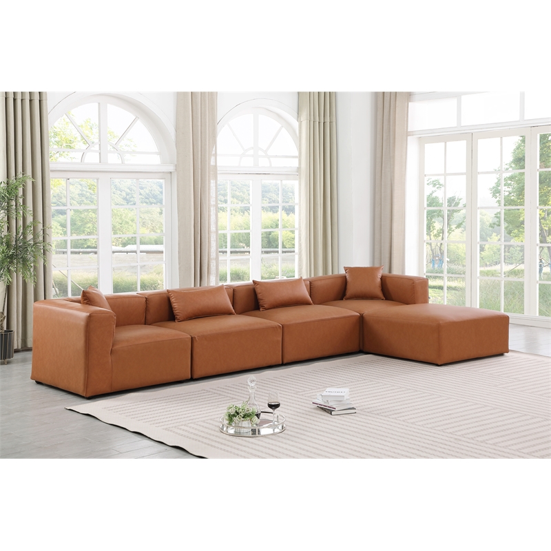 Meridian Furniture Cube Cognac Vegan Leather 5-Pc. L-Shaped Modular Sectional