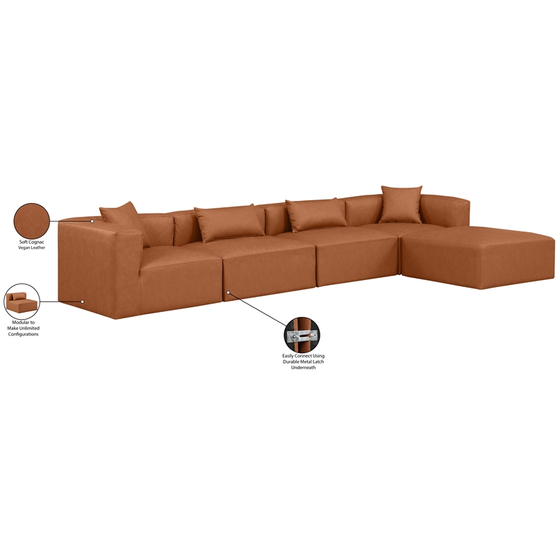 Meridian Furniture Cube Cognac Vegan Leather 5-Pc. L-Shaped Modular Sectional