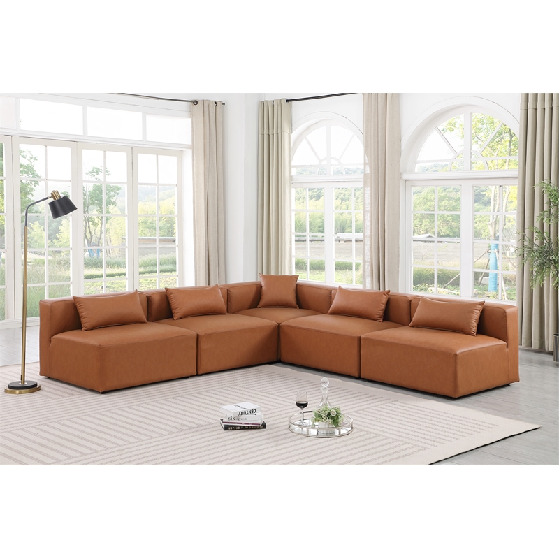 Meridian Furniture Cube Cognac Vegan Leather 5-Pc. L-Shaped Modular Sectional