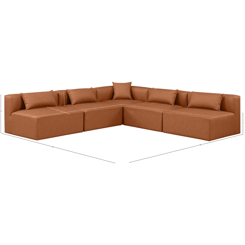 Meridian Furniture Cube Cognac Vegan Leather 5-Pc. L-Shaped Modular Sectional