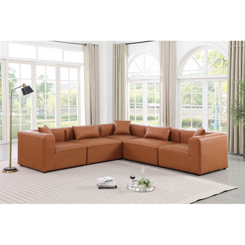 Meridian Furniture Cube Cognac Vegan Leather 5-Pc. L-Shaped Modular Sectional