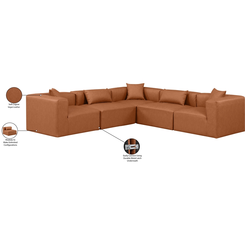 Meridian Furniture Cube Cognac Vegan Leather 5-Pc. L-Shaped Modular Sectional