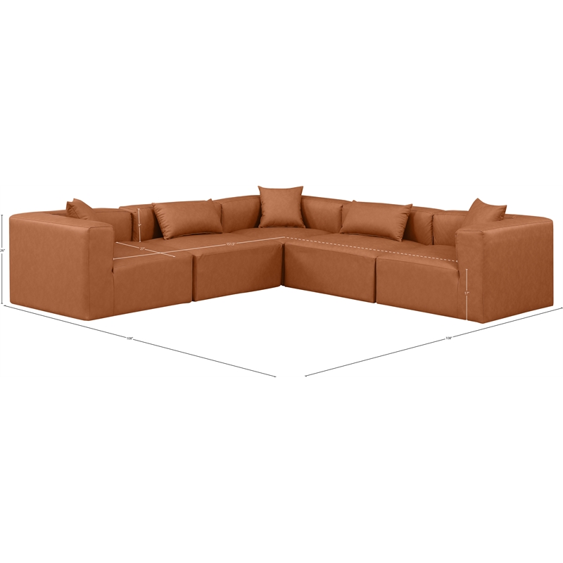 Meridian Furniture Cube Cognac Vegan Leather 5-Pc. L-Shaped Modular Sectional