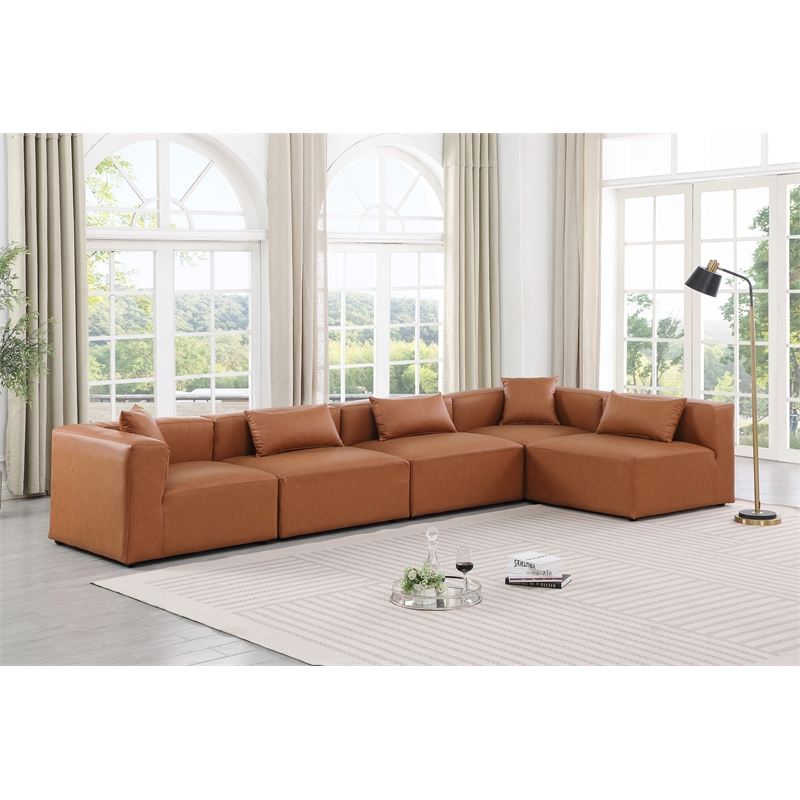 Meridian Furniture Cube Cognac Vegan Leather 5-Pc. L-Shaped Modular Sectional