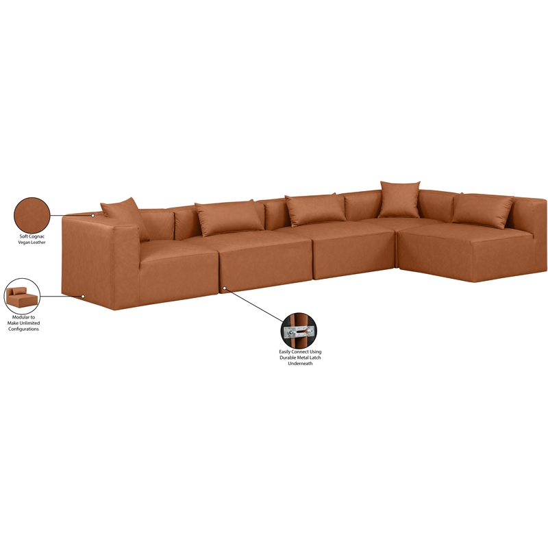 Meridian Furniture Cube Cognac Vegan Leather 5-Pc. L-Shaped Modular Sectional