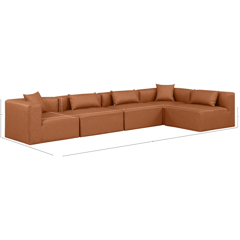Meridian Furniture Cube Cognac Vegan Leather 5-Pc. L-Shaped Modular Sectional