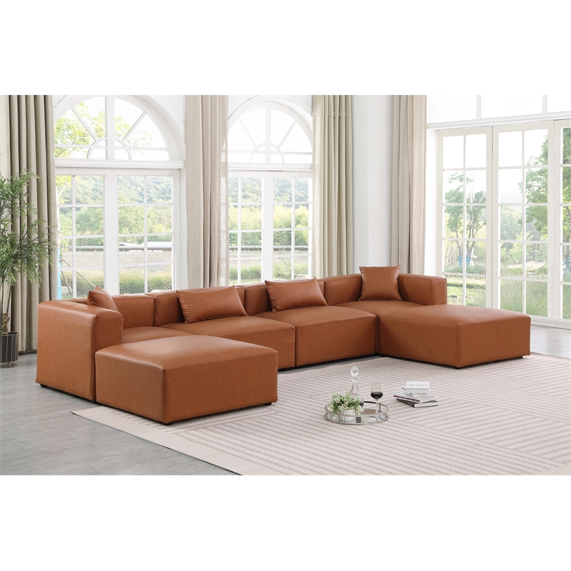 Meridian Furniture Cube Cognac Vegan Leather 6-Pc. U-Shaped Modular Sectional