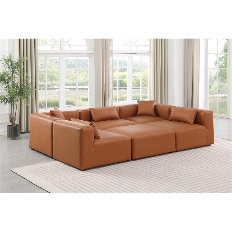 Meridian Furniture Cube Cognac Vegan Leather 6-Pc. U-Shaped Modular Sectional