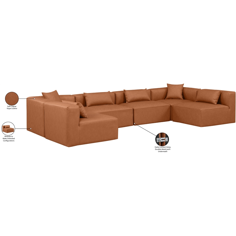Meridian Furniture Cube Cognac Vegan Leather 6-Pc. U-Shaped Modular Sectional
