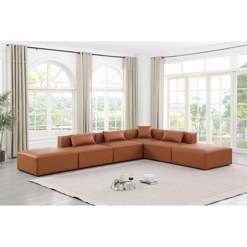 Meridian Furniture Cube Cognac Vegan Leather 6-Pc. L-Shaped Modular Sectional