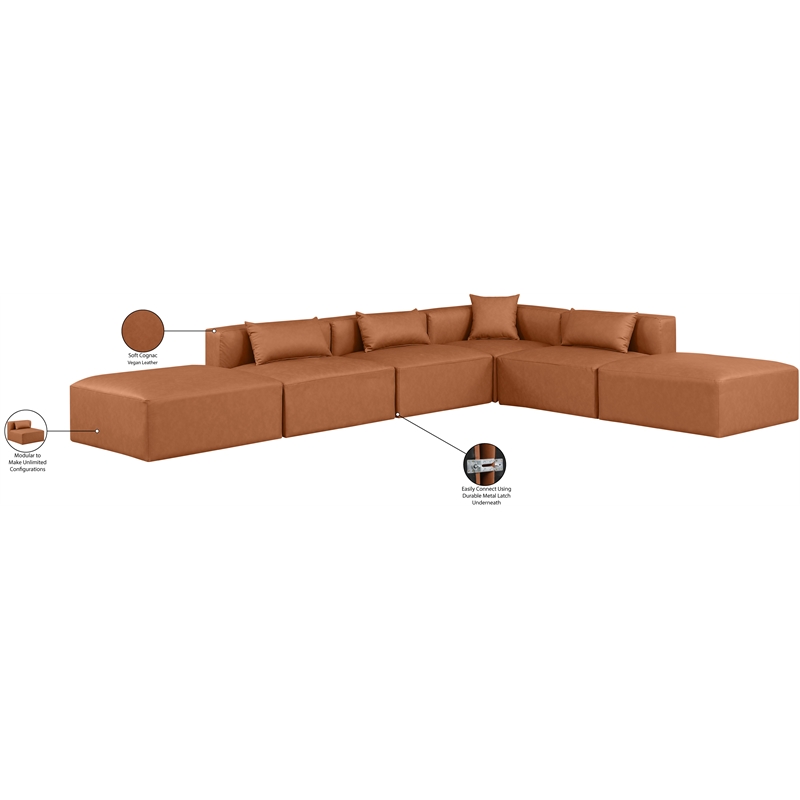 Meridian Furniture Cube Cognac Vegan Leather 6-Pc. L-Shaped Modular Sectional