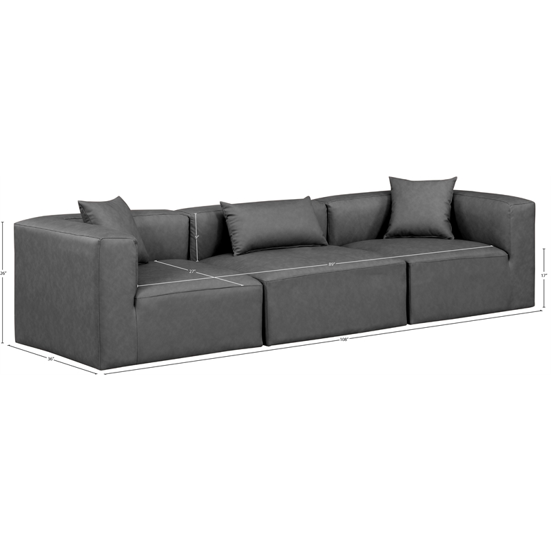 Meridian Furniture Cube Charcoal Grey Vegan Leather 3-Pc. Modular Sofa
