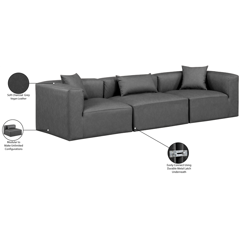 Meridian Furniture Cube Charcoal Grey Vegan Leather 3-Pc. Modular Sofa