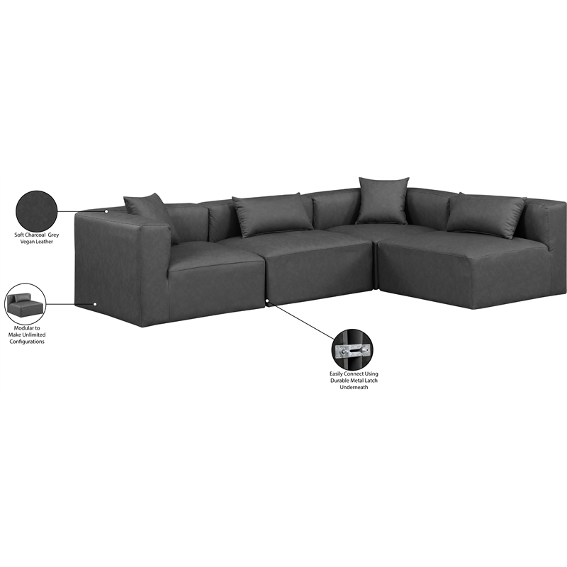 Meridian Furniture Cube Grey Vegan Leather 4-Pc. L-Shaped Modular Sectional