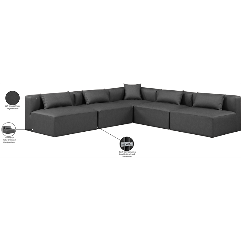 Meridian Furniture Cube Grey Vegan Leather 5-Pc. L-Shaped Modular Sectional