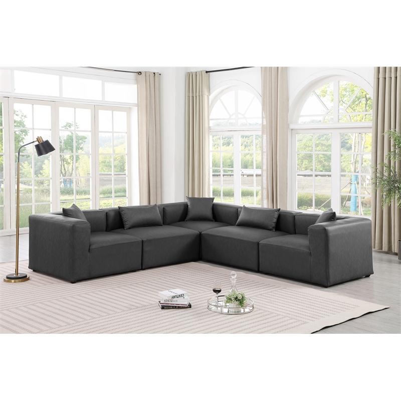 Meridian Furniture Cube Grey Vegan Leather 5-Pc. L-Shaped Modular Sectional
