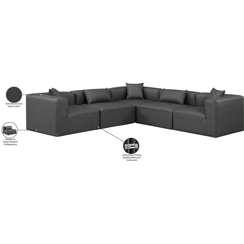 Meridian Furniture Cube Grey Vegan Leather 5-Pc. L-Shaped Modular Sectional