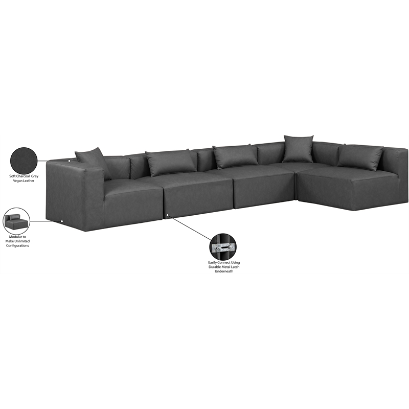 Meridian Furniture Cube Grey Vegan Leather 5-Pc. L-Shaped Modular Sectional