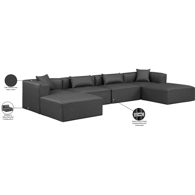 Meridian Furniture Cube Grey Vegan Leather 6-Pc. U-Shaped Modular Sectional