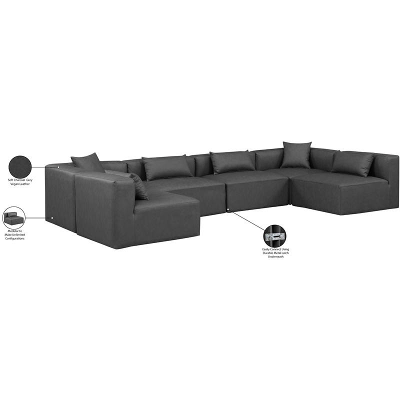 Meridian Furniture Cube Grey Vegan Leather 6-Pc. U-Shaped Modular Sectional