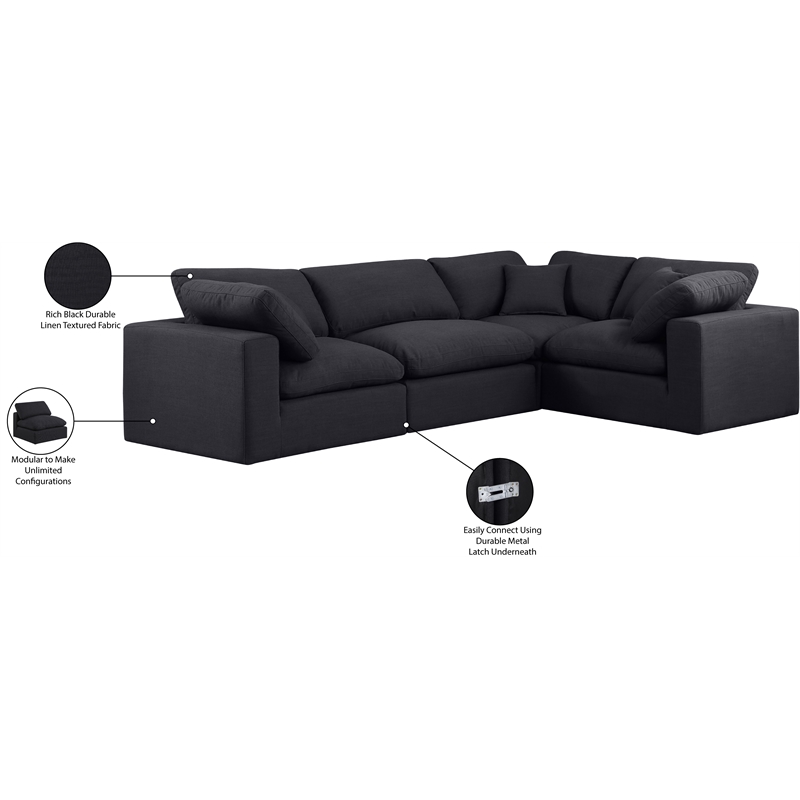 Meridian Furniture Comfy Black Linen Textured Fabric 4-Pc. Modular Sectional