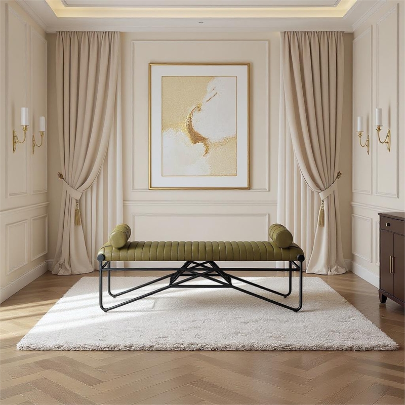 Meridian Furniture Gatsby Olive Vegan Leather and Iron Metal Bench